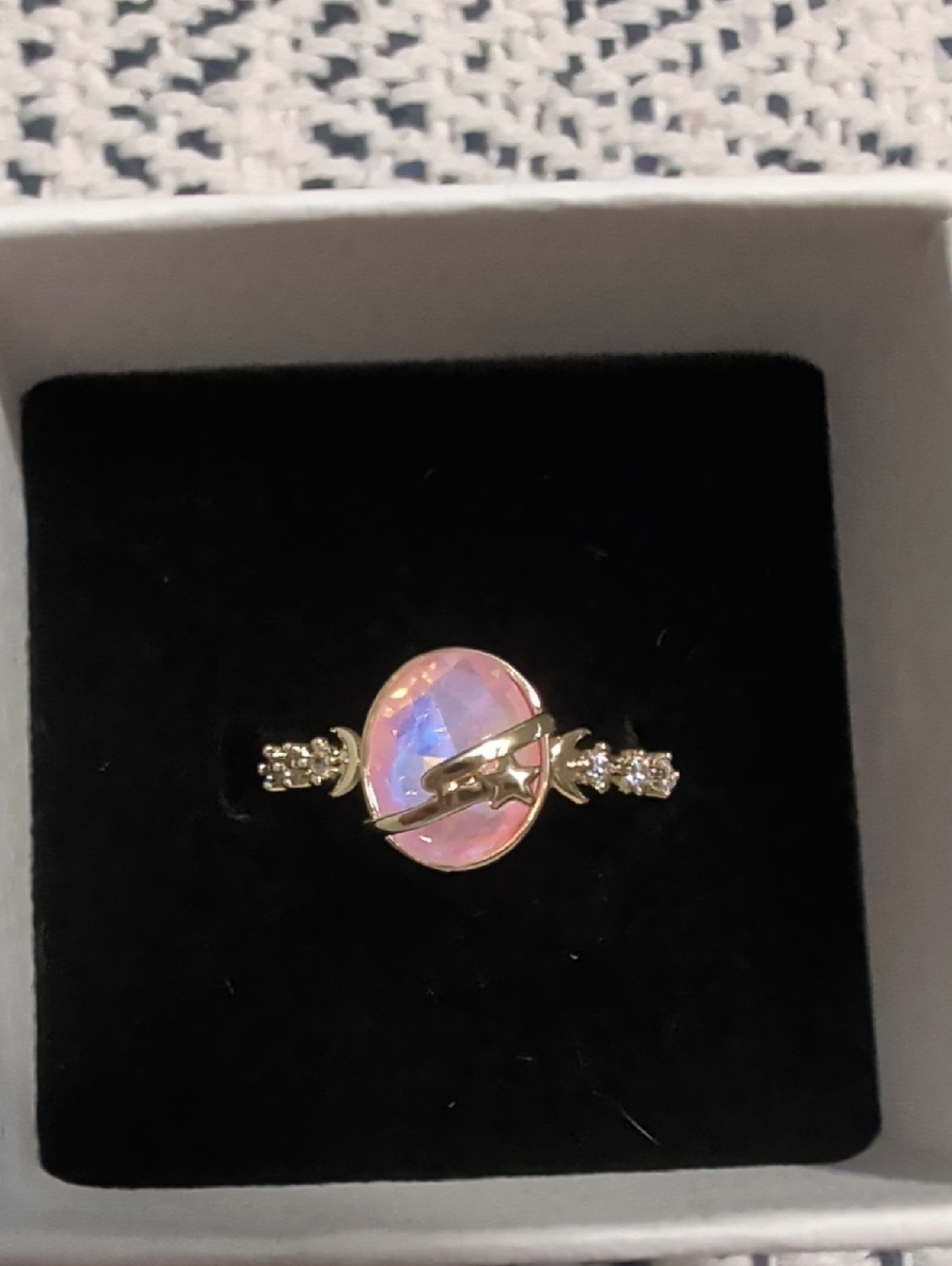 Gold Ring with Pink Opal-Like Stone and Star Accent